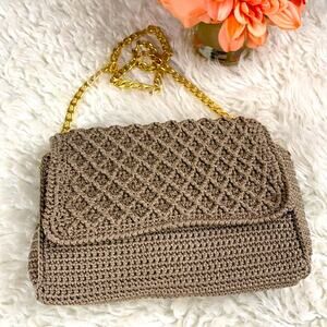 Crocheted Tan of Gold Strap Crossbody Bag Purse Handbag Medium Size
